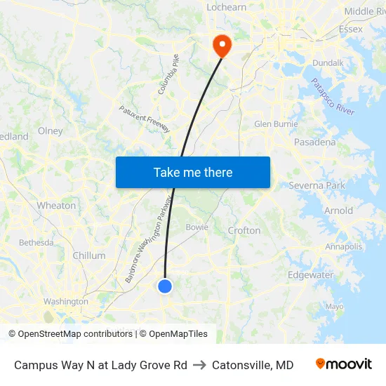 Campus Way N at Lady Grove Rd to Catonsville, MD map