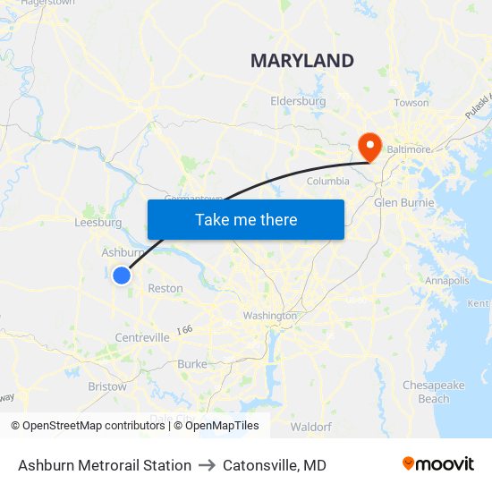 Ashburn Metrorail Station to Catonsville, MD map