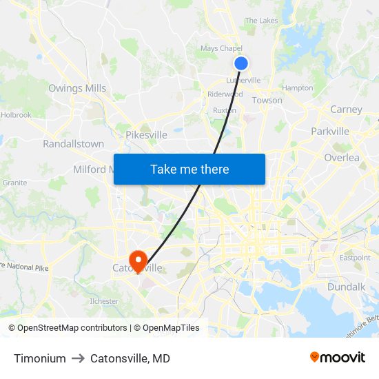 Timonium to Catonsville, MD map