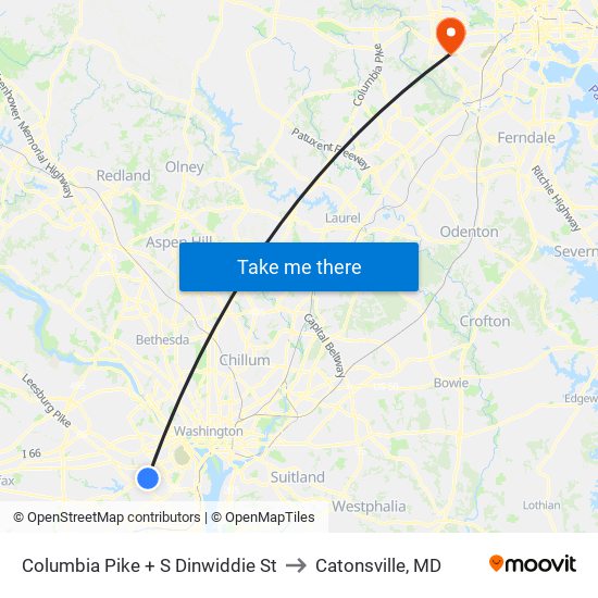 Columbia Pike + S Dinwiddie St to Catonsville, MD map