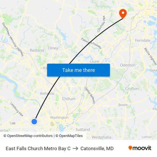 East Falls Church Metro Bay C to Catonsville, MD map