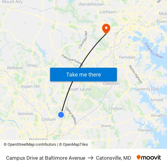 Campus Drive at Baltimore Avenue to Catonsville, MD map