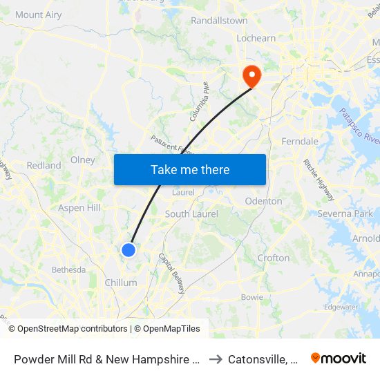 Powder Mill Rd & New Hampshire Ave to Catonsville, MD map