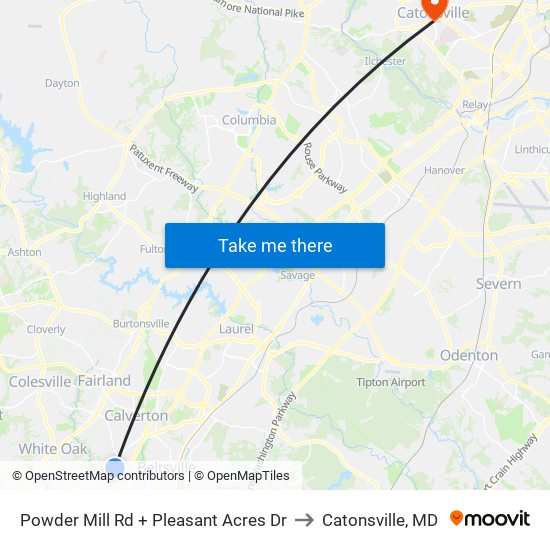 Powder Mill Rd + Pleasant Acres Dr to Catonsville, MD map