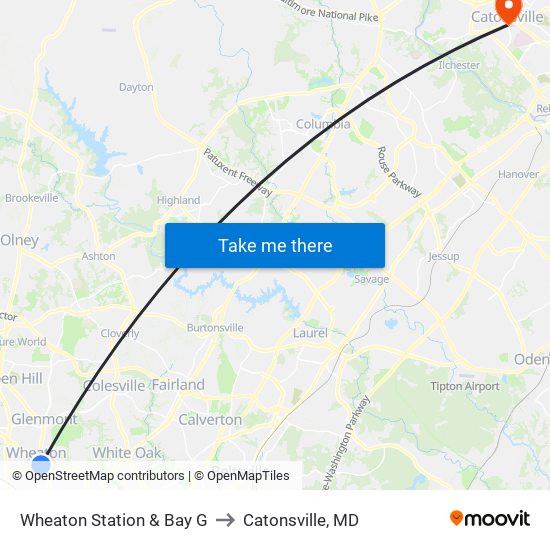 Wheaton Station & Bay G to Catonsville, MD map