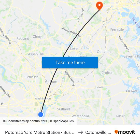 Potomac Yard Metro Station - Bus Bay A to Catonsville, MD map