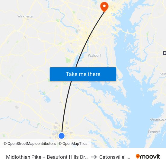 Midlothian Pike + Beaufont Hills Drive to Catonsville, MD map