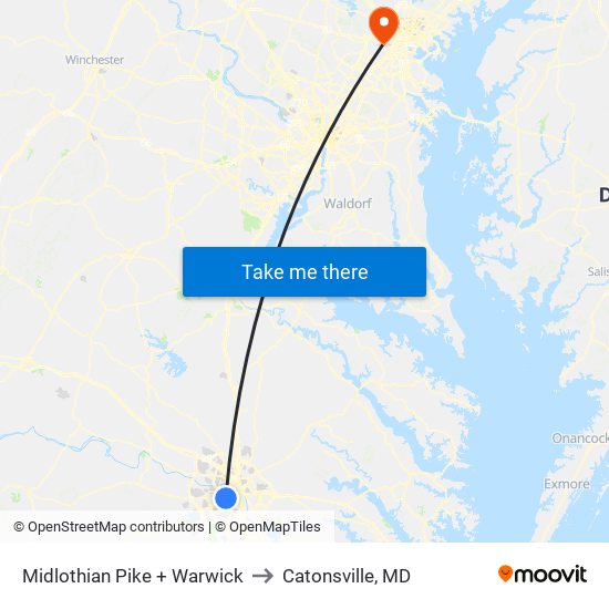 Midlothian Pike + Warwick to Catonsville, MD map