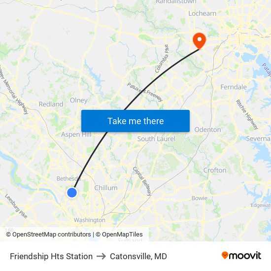 Friendship Hts Station to Catonsville, MD map