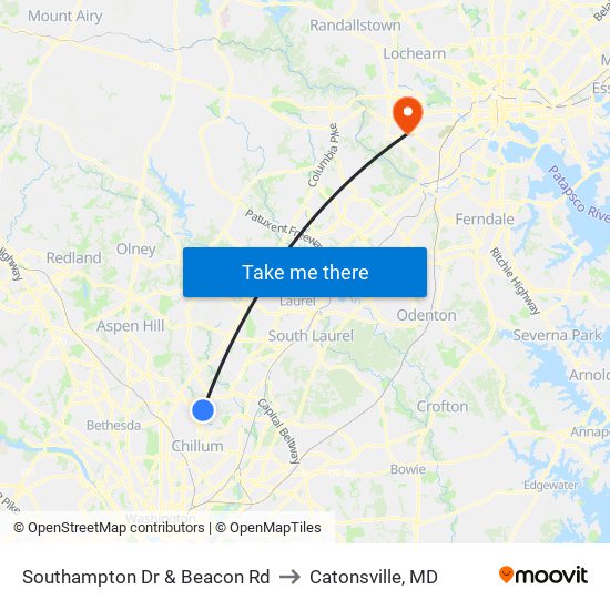 Southampton Dr & Beacon Rd to Catonsville, MD map