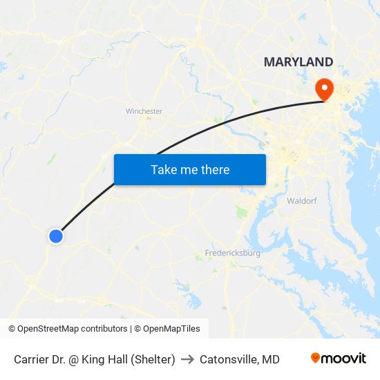 Carrier Dr. @ King Hall (Shelter) to Catonsville, MD map