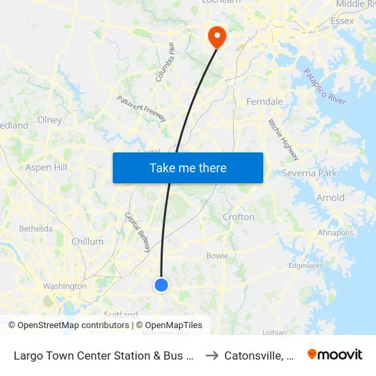 Largo Town Center Station & Bus Bay to Catonsville, MD map