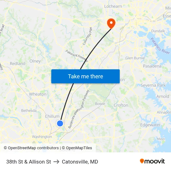 38th St & Allison St to Catonsville, MD map