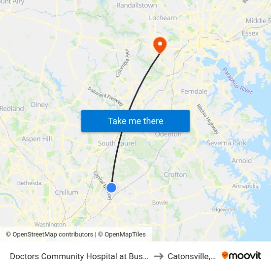 Doctors Community Hospital at Bus Shelter to Catonsville, MD map