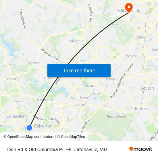 Tech Rd & Old Columbia Pi to Catonsville, MD map