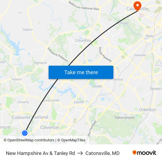 New Hampshire Av & Tanley Rd to Catonsville, MD map