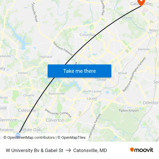 W University Bv & Gabel St to Catonsville, MD map