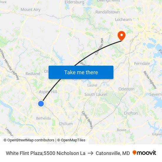 White Flint Plaza;5500 Nicholson La to Catonsville, MD map