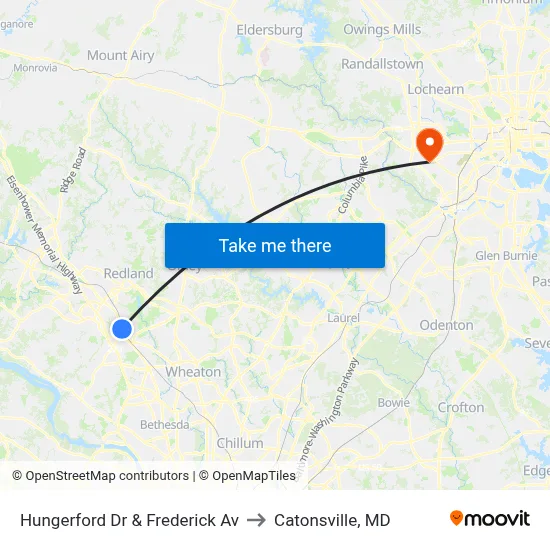 Hungerford Dr & Frederick Av to Catonsville, MD map