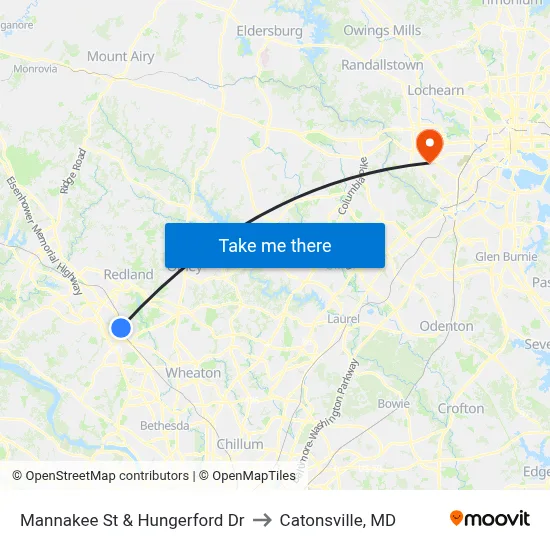 Mannakee St & Hungerford  Dr to Catonsville, MD map