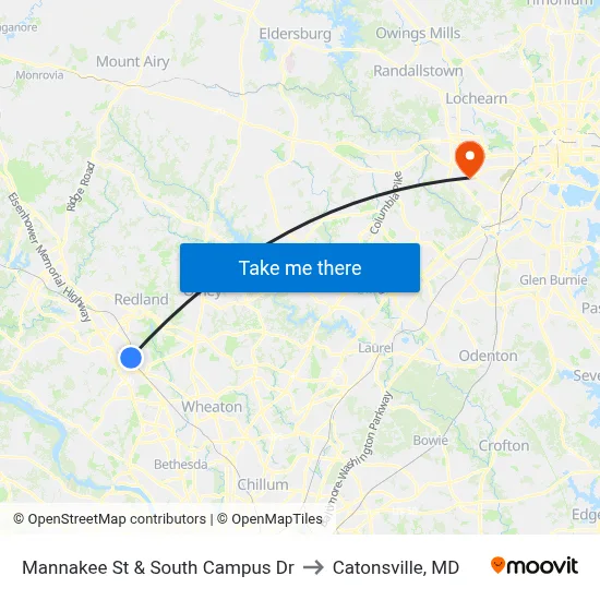 Mannakee St & South Campus Dr to Catonsville, MD map