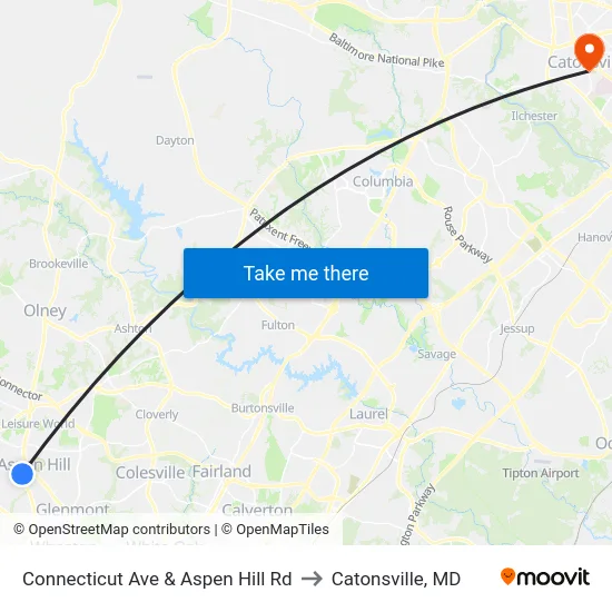 Connecticut Ave & Aspen Hill Rd to Catonsville, MD map