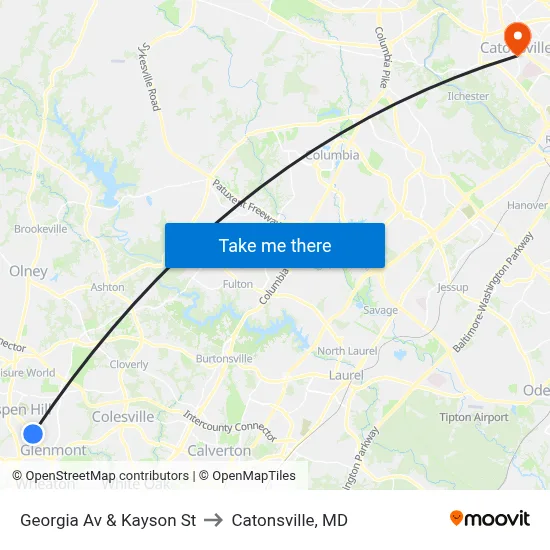 Georgia Av & Kayson St to Catonsville, MD map