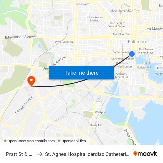 Pratt St & Light St to St. Agnes Hospital cardiac Catheterization Laboratory map