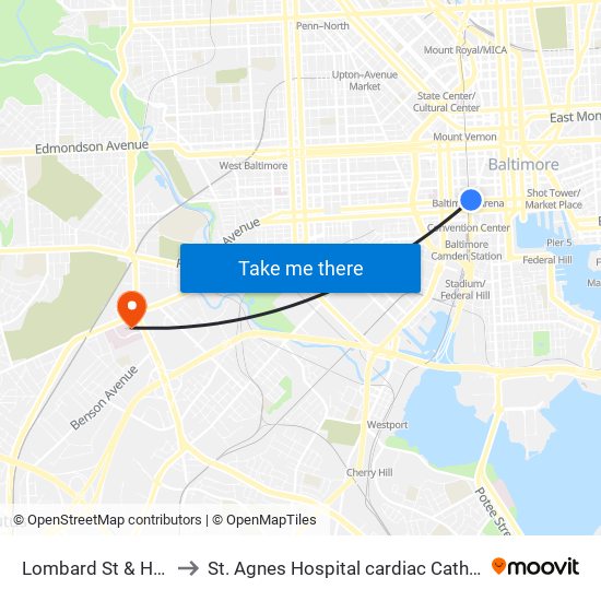 Lombard St & Howard St Wb to St. Agnes Hospital cardiac Catheterization Laboratory map