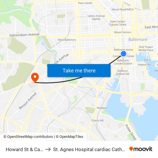 Howard St & Camden St Sb to St. Agnes Hospital cardiac Catheterization Laboratory map