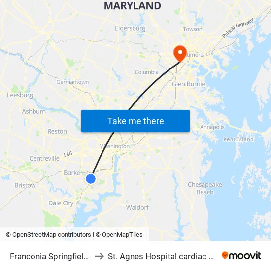 Franconia Springfield Metro Departures to St. Agnes Hospital cardiac Catheterization Laboratory map