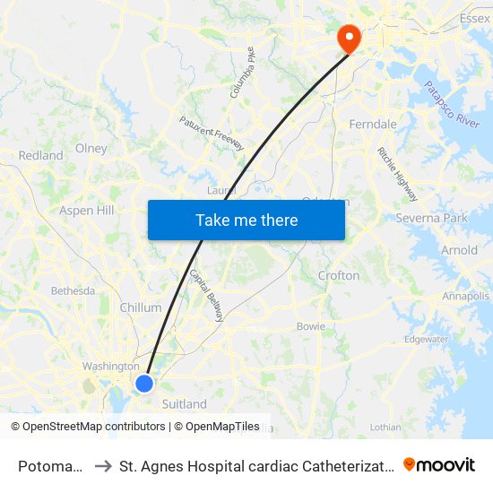 Potomac Ave to St. Agnes Hospital cardiac Catheterization Laboratory map