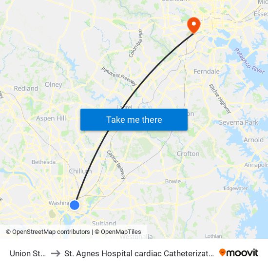 Union Station to St. Agnes Hospital cardiac Catheterization Laboratory map