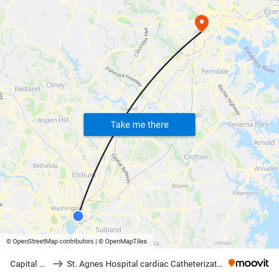 Capital South to St. Agnes Hospital cardiac Catheterization Laboratory map