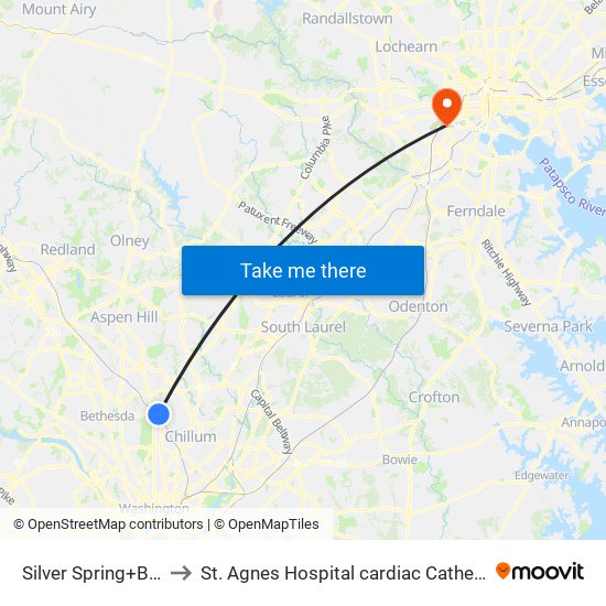 Silver Spring+Bus Bay 102 to St. Agnes Hospital cardiac Catheterization Laboratory map