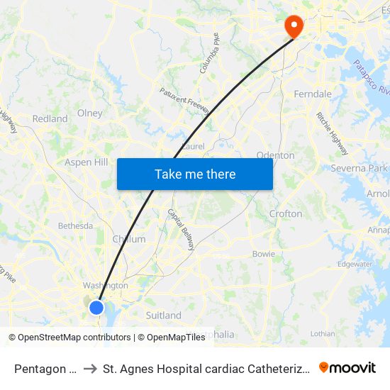 Pentagon Metro to St. Agnes Hospital cardiac Catheterization Laboratory map