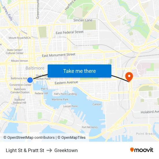 Light St & Pratt St to Greektown map