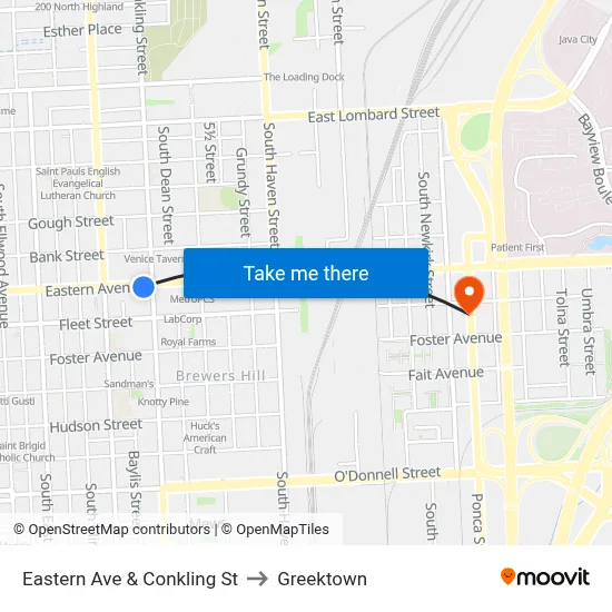 Eastern Ave & Conkling St to Greektown map