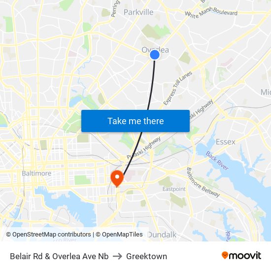 Belair Rd & Overlea Ave Nb to Greektown map