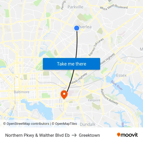 Northern Pkwy & Walther Blvd Eb to Greektown map