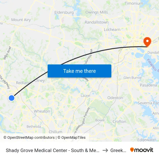 Shady Grove Medical Center - South & Medical Center Way to Greektown map