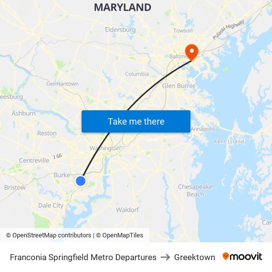 Franconia Springfield Metro Departures to Greektown map
