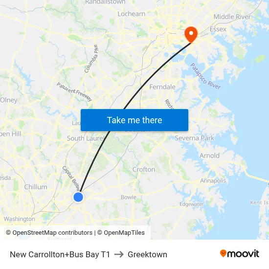 New Carrollton+Bus Bay T1 to Greektown map