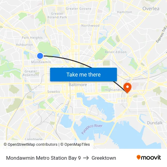 Mondawmin Metro Station Bay 9 to Greektown map