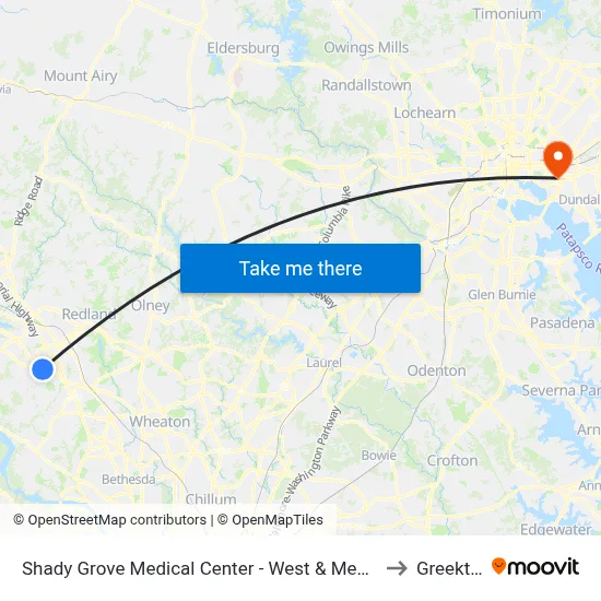 Shady Grove Medical Center - West & Medical Center Way to Greektown map