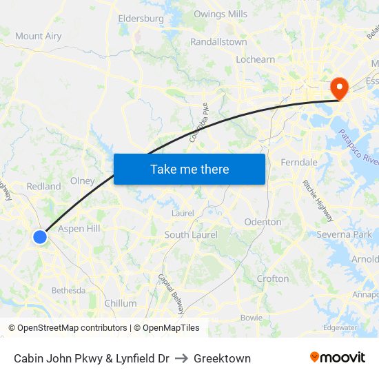 Cabin John Pkwy & Lynfield Dr to Greektown map