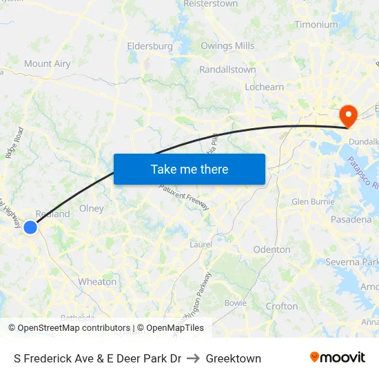 S Frederick Ave & E Deer Park Dr to Greektown map