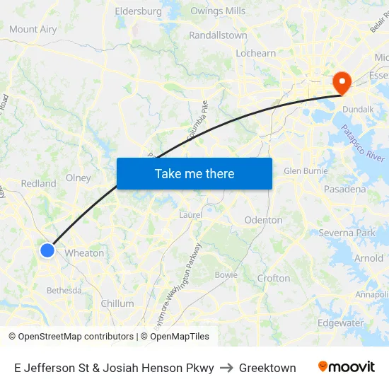 E Jefferson St & Josiah Henson Pkwy to Greektown map