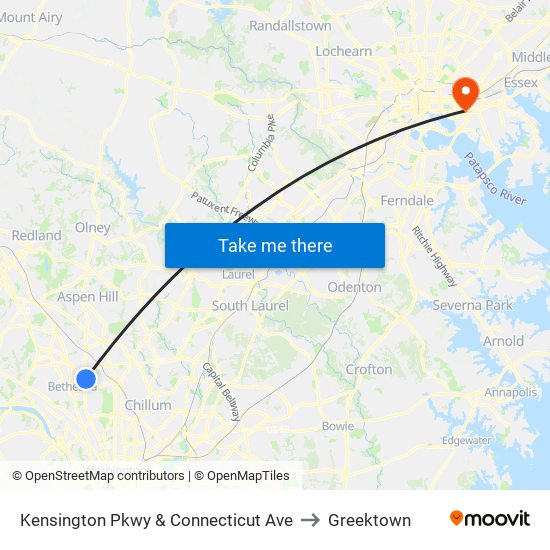 Kensington Pkwy & Connecticut Ave to Greektown map