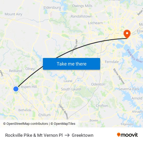 Rockville Pike & Mt Vernon Pl to Greektown map